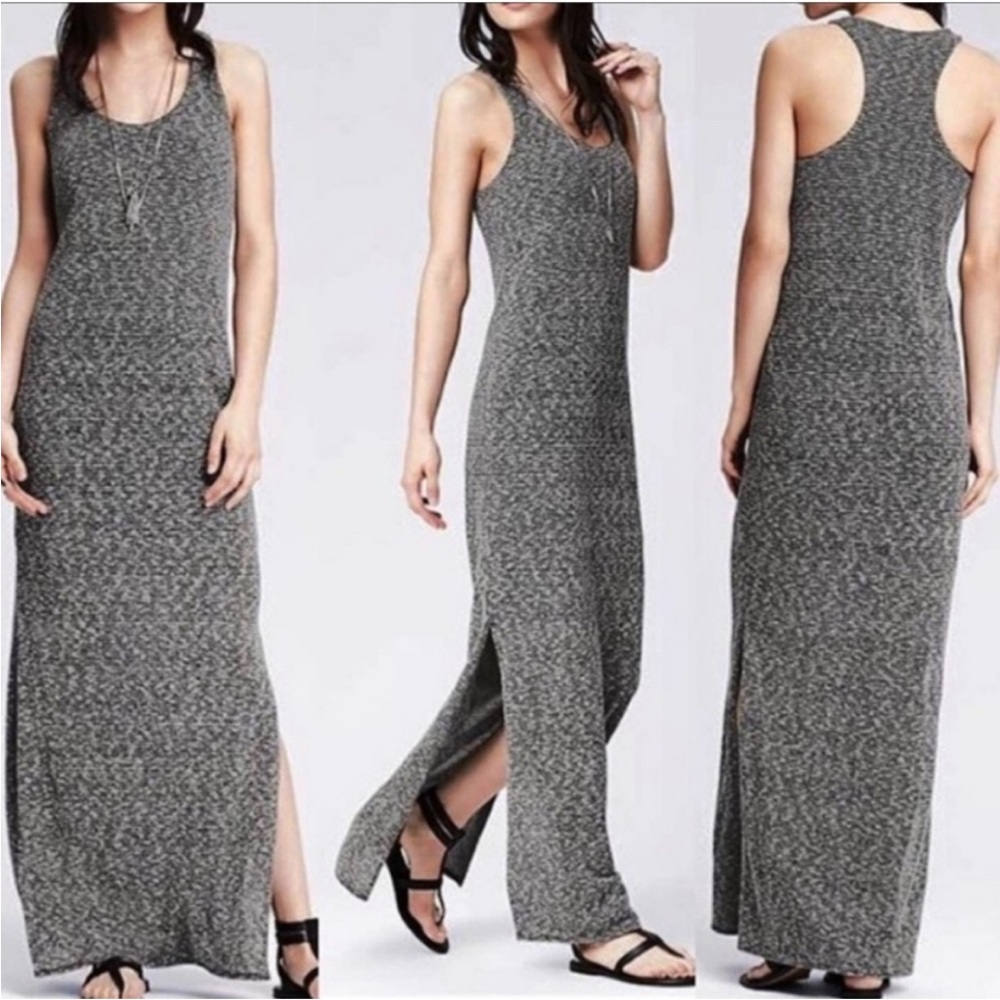 BANANA REPUBLIC Knit Maxi Dress Racerback Side Slits Size Medium Black White